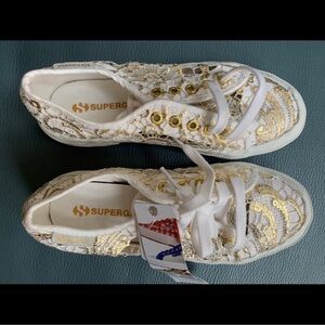 Superga White and Gold Lace-Up Sneakers